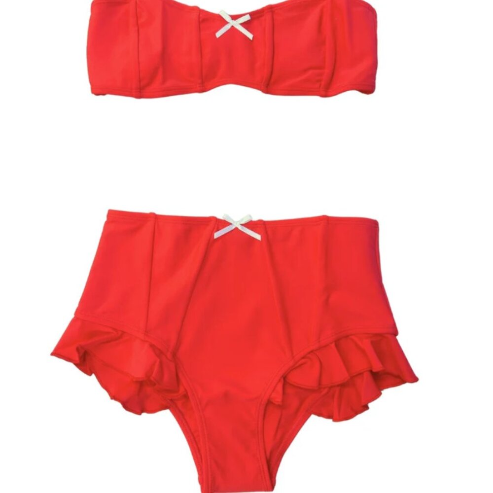 Strawberry Milk Mob Red Women's High-Waist Bikini with Ruffle Trim - Picture 3 of 3